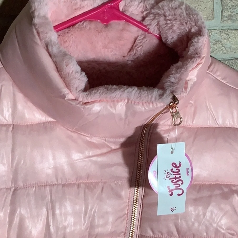 Justice NEW - Sz 18/20 yrs - reversible pink plush vest - rose asymmetric zipper